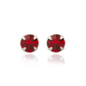 Sterling Silver ruby red crystal round stud earrings shown front on as a matching pair on a white background