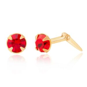 9ct Yellow Gold red crystal round stud earrings shown with one front view and one side view on a white background