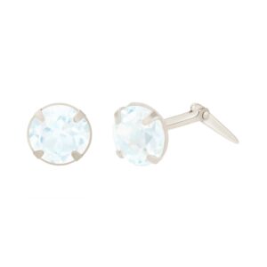 silver aquamarine stud earrings shown front and side view with Andralok hinge fitting