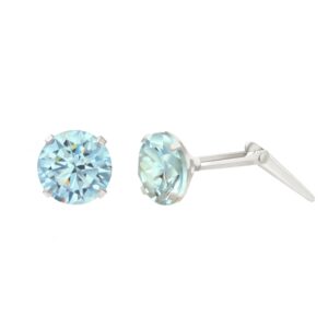 silver aqua cz stud earrings shown front and side view with Andralok hinge fitting
