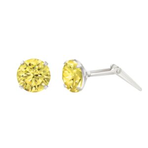 silver yellow cz stud earrings in Sterling Silver shown front and side view with Andralok hinge fitting