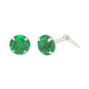 silver created emerald studs with one earring angled to show the Andralok hinge fitting