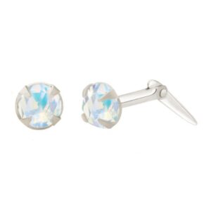aurora borealis crystal stud earrings in sterling silver shown with one front view and one side view on a white background