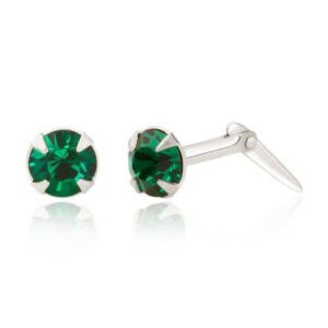 silver dark green crystal studs with one earring angled to show the Andralok hinge fitting
