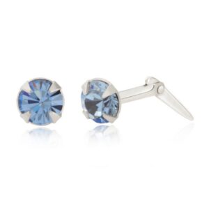 Sterling Silver ice blue crystal round stud earrings shown with one front view and one side view on a white background