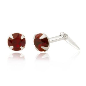 silver dark red crystal studs with one earring angled to show the Andralok hinge fitting