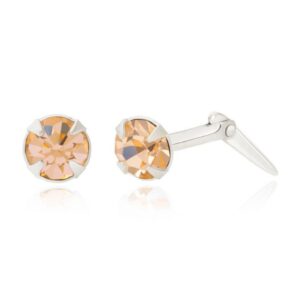 silver light orange crystal studs with one earring angled to show the Andralok hinge fitting