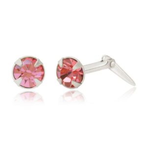 silver light pink crystal studs with one earring angled to show the Andralok hinge fitting