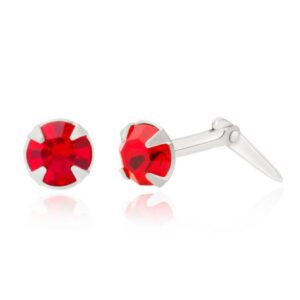 side profile of sterling silver red crystal studs showing Andralok hinge fitting