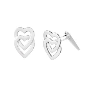 silver double heart stud earrings in Sterling Silver with one angled view and one side view
