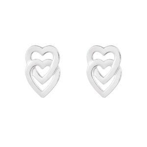 silver double heart stud earrings shown as a front-facing pair on a white background