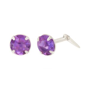 silver amethyst stud earrings shown front and side view with Andralok hinge fitting