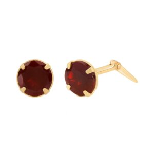 gold garnet round stud earrings shown with one front view and one side profile with Andralok fitting detail