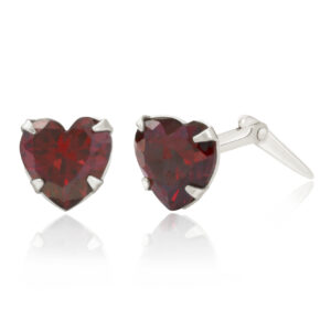 Sterling silver dark red heart cubic zirconia stud earrings angled side view