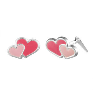 silver enamel double heart studs pair on white background, red and Light Pink colour detail