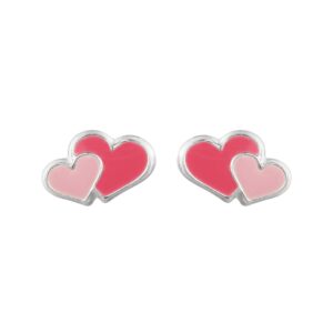 silver enamel double heart studs in sterling silver, red and Light Pink hearts, front view