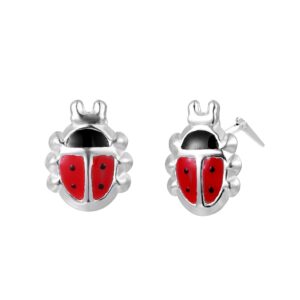 sterling silver red and black enamel ladybird stud earrings close up