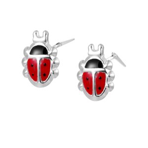 silver enamel ladybird stud earrings side profile showing Andralok hinge