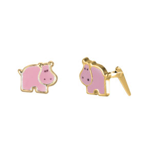 pink hippo enamel stud earrings shown side view with Andralok hinge fitting