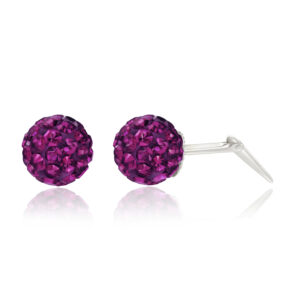 Sterling silver 6mm purple glitterball crystal stud earring side view showing Andralok fitting