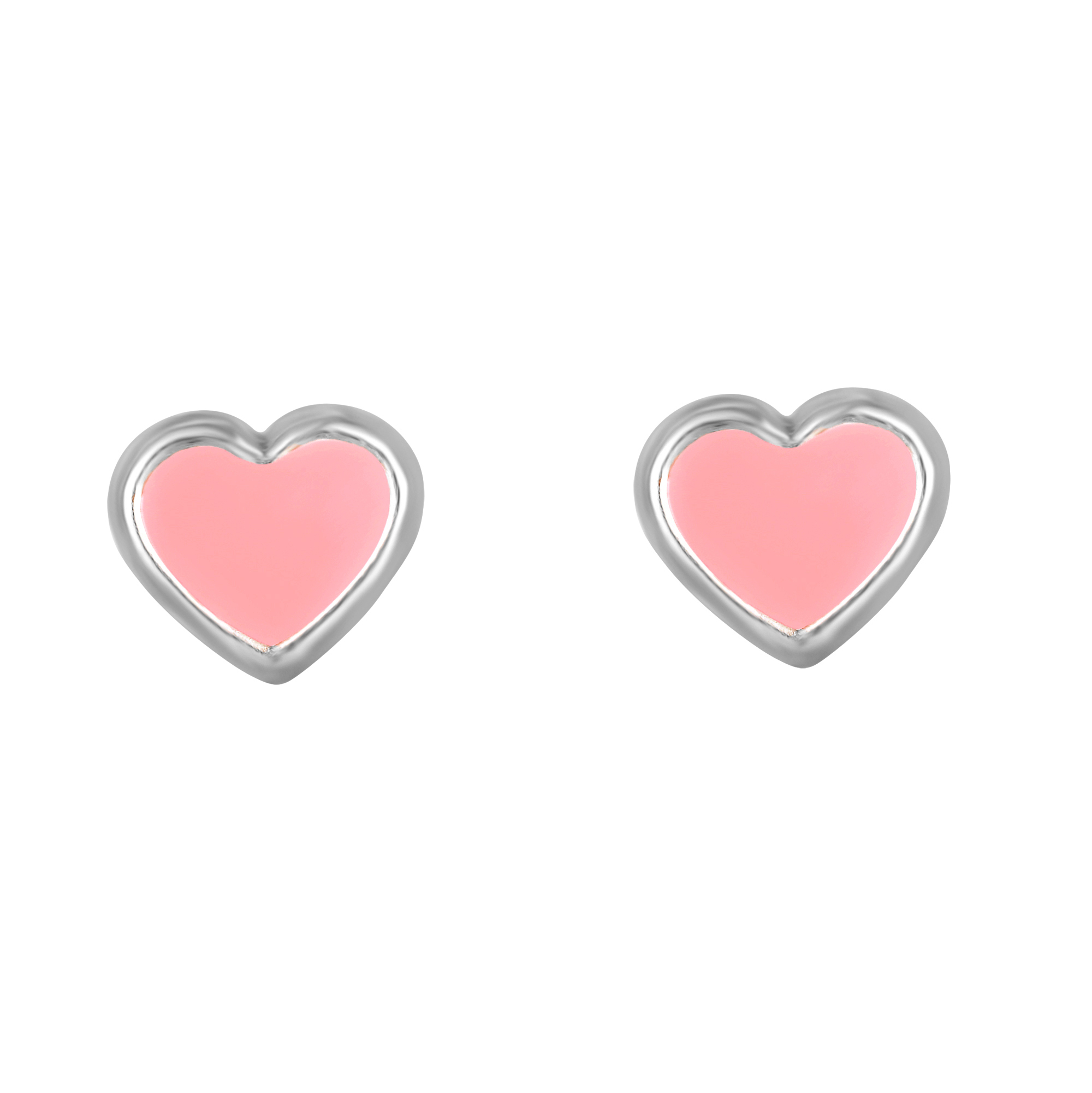 front view sterling silver heart stud earrings with pink enamel