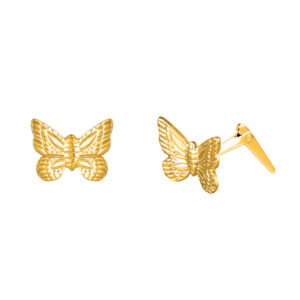 9ct Yellow Gold gold butterfly stud earrings side view with Andralok fitting