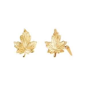 gold maple leaf stud earrings in 9ct Yellow Gold with one earring front facing and one shown side on