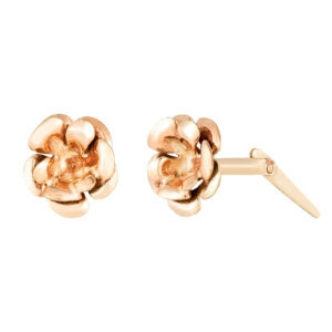 gold sculpted rose stud earrings shown with front view and side profile on a white background