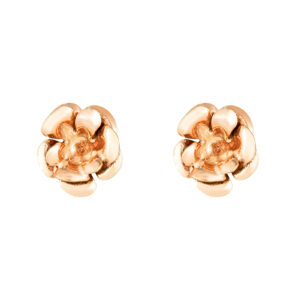9ct yellow gold sculpted rose stud earrings shown front on as a matching pair on a white background