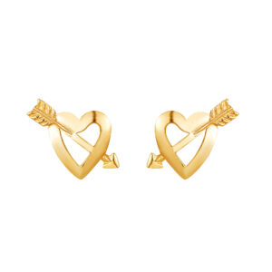 gold cupid heart stud earrings front view in 9ct yellow gold