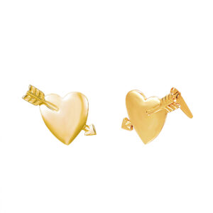 Gold cupid heart stud earrings angled view with arrow detail