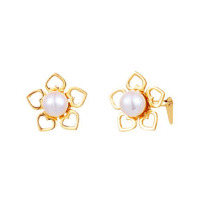 gold heart petal pearl studs in 9ct Yellow Gold with one front view and one side view