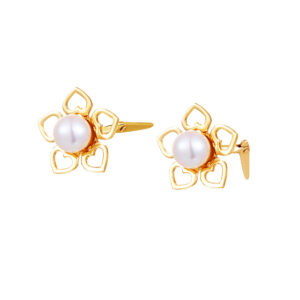 9ct Yellow Gold heart petal cultured pearl stud earrings with open flower detail