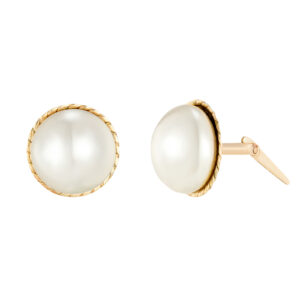 gold button pearl stud earrings in 9ct Yellow Gold with one front view and one side view