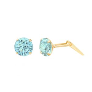 single light blue cubic zirconia stud earring with side profile and Andralok hinge on a white background