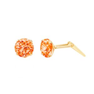 9ct Yellow Gold orange cubic zirconia round stud earrings with one front view and one side profile with Andralok fitting detail