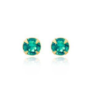 9ct yellow gold Blue Zircon round stud earrings close-up on white background