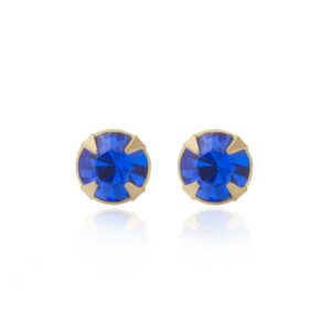 9ct Yellow Gold blue crystal round stud earrings close-up on white background