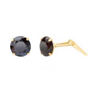 gold black cz stud earrings shown with one front view and one side profile with Andralok fitting detail