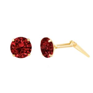 gold dark red cubic zirconia round stud earrings shown with one front view and one side profile with Andralok fitting detail