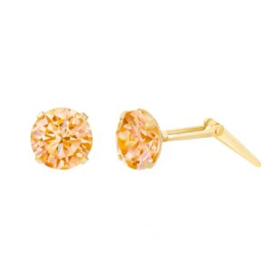 gold light orange cz stud earrings shown with one front view and one side profile with Andralok fitting detail