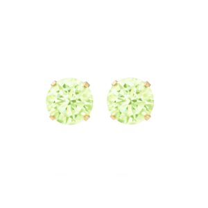 gold light green cz stud earrings with round faceted stones and yellow gold claw settings
