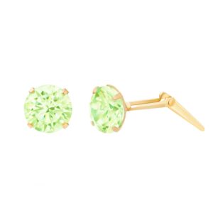 9ct Yellow Gold light green cubic zirconia stud earrings shown with one front view and one side profile with Andralok fitting