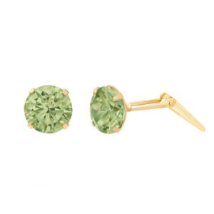 9ct Yellow Gold peridot cubic zirconia round stud earrings with one front view and one side profile with Andralok fitting detail