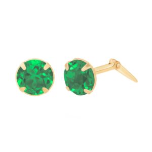 9ct Yellow Gold created emerald round stud earrings with one front view and one side profile with Andralok fitting detail