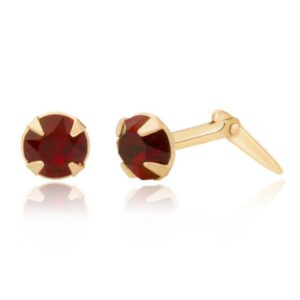 gold dark red crystal round stud earrings shown with one front view and one side profile with Andralok fitting detail