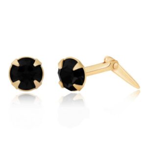 gold black crystal stud earrings shown with one front view and one side profile with Andralok fitting detail