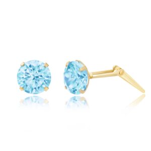 9ct yellow gold light blue crystal round stud earrings close-up on white background