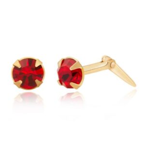 9ct Yellow Gold ruby red crystal round stud earrings shown with one front view and one side view on a white background