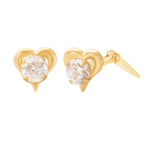 gold heart frame cz studs in 9ct Yellow Gold with one earring front facing and one shown side on